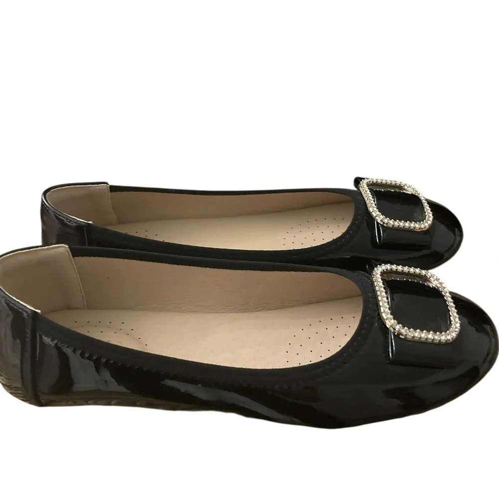 Bernal Black Patent Leather Flats with Embellished  crystals Buckle size 9